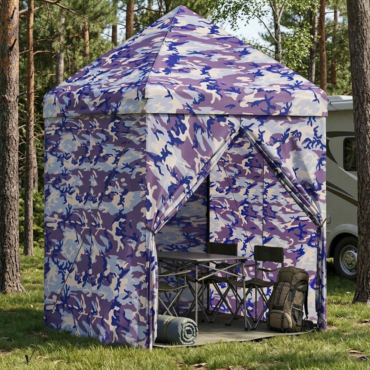 Pop-up Gazebo med 4 Sidevegger 2 x 2 m Blå Kamuflasje