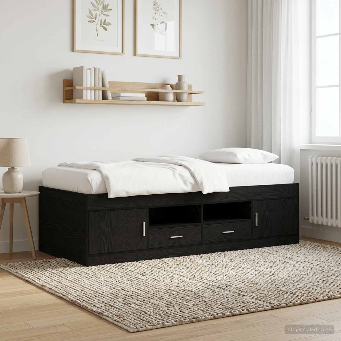 Sengeramme med oppbevaring Svart eik 80 x 200 cm Konstruert tre