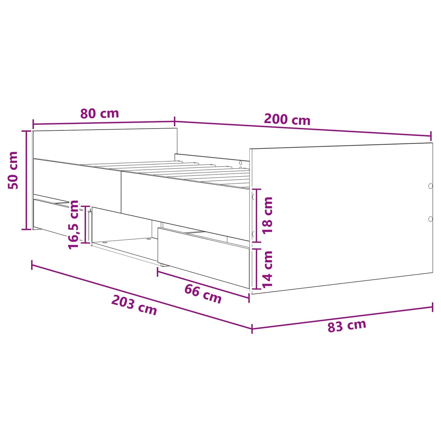 Sengeramme med oppbevaring Hvit 80 x 200 cm Konstruert tre