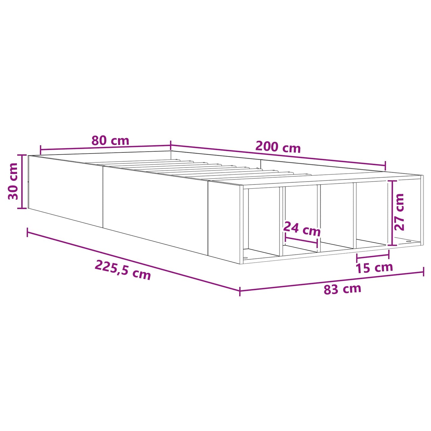 Sengeramme med oppbevaring med hylle Artisan eik 80 x 200 cm