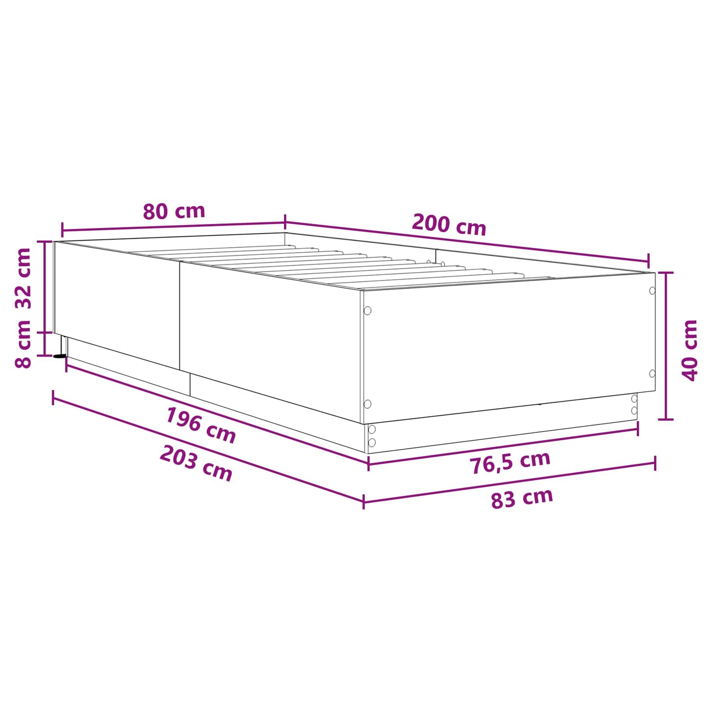 Sengestativ med LED Sonoma eik 80 x 200 cm Konstruert tre