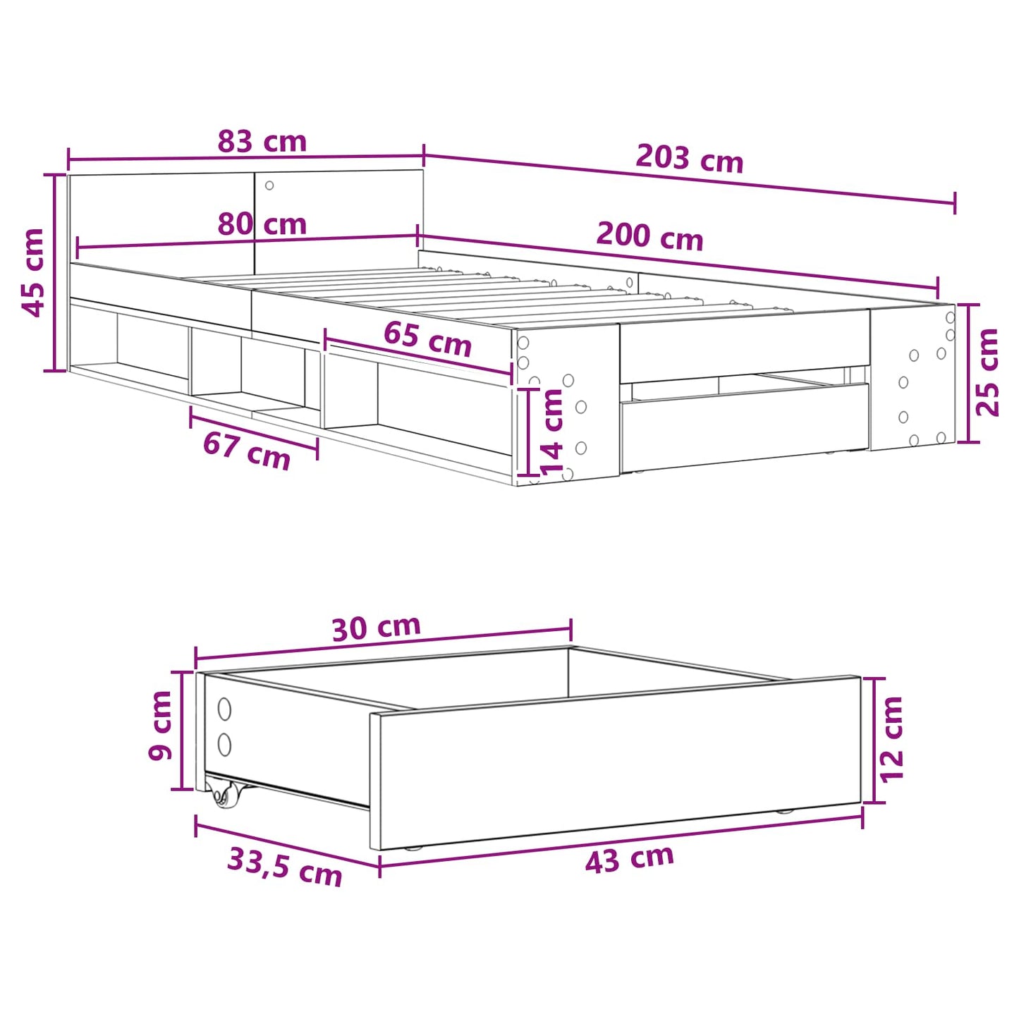 Sengeramme med oppbevaring Hvit 80 x 200 cm Konstruert tre