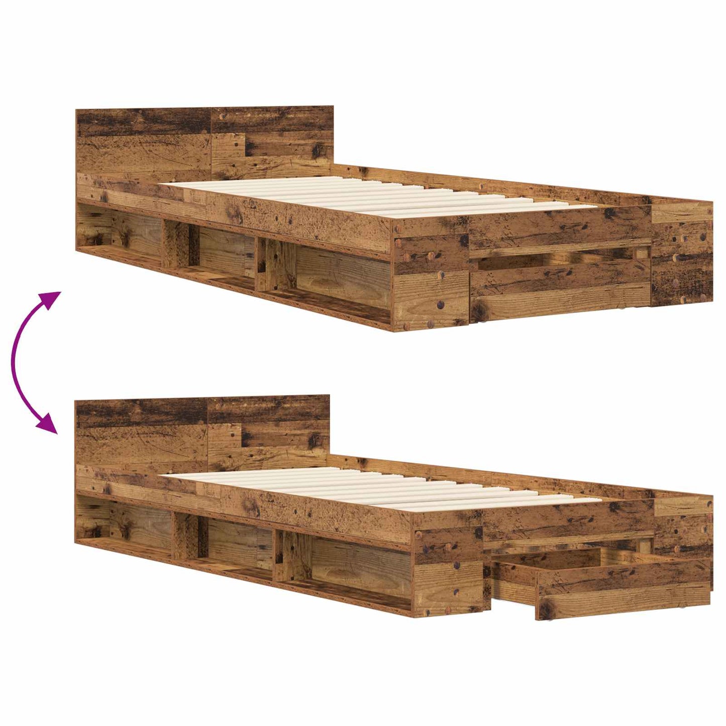 Sengeramme med oppbevaring med skuff Gammelt tre 80 x 200 cm