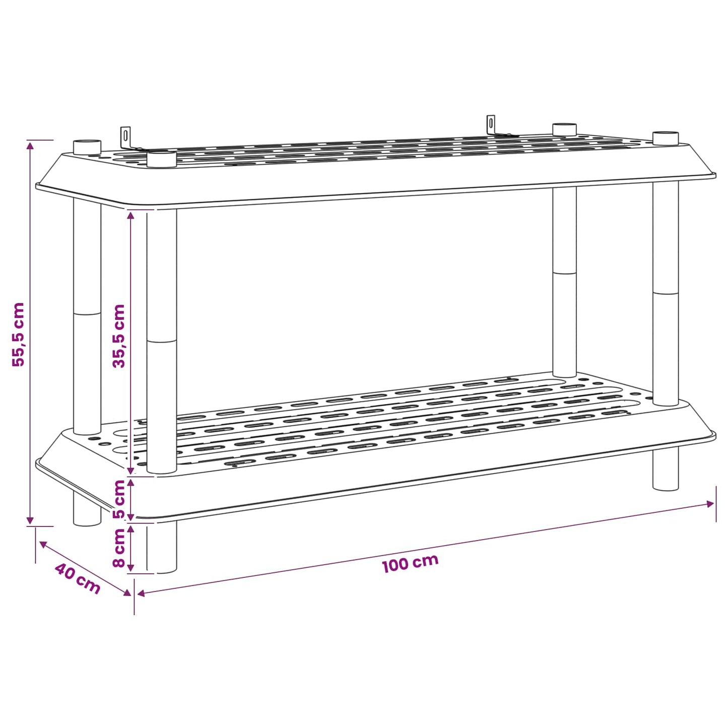 Hyllesystem 2 nivåer 100 x 40 x 55,5 cm PP Hvit