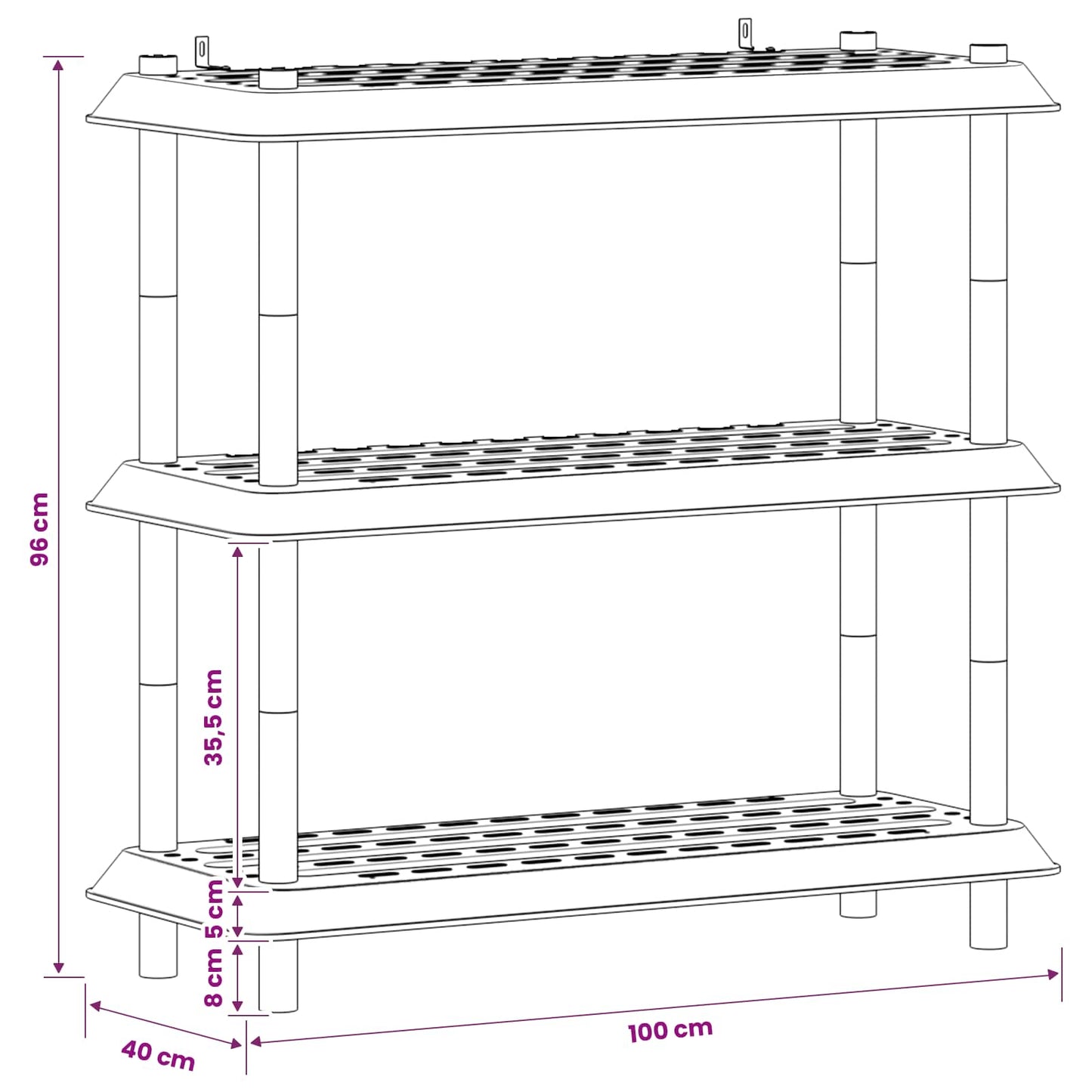 Hyllesystem 3 nivåer 100 x 40 x 96 cm PP Lysegrå