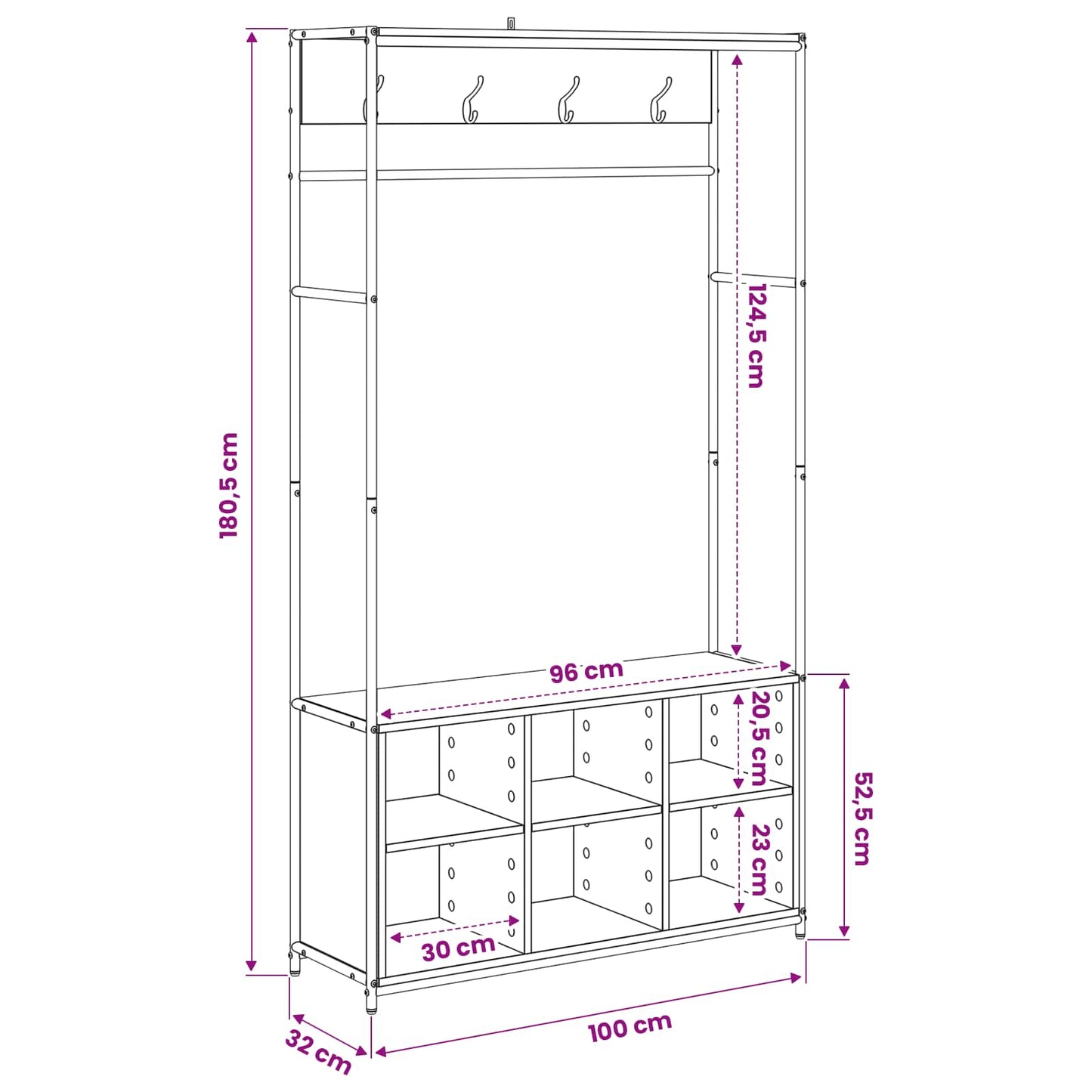 Knaggrekker med sko benk Sonoma eik 100 x 32 x 180,5 cm
