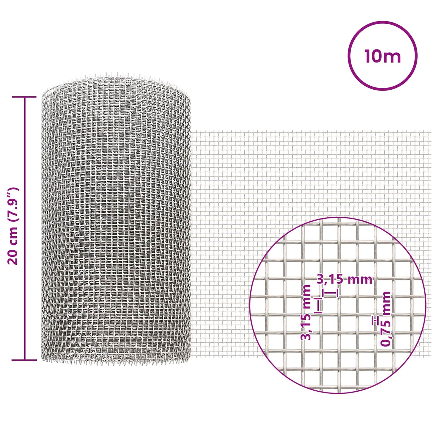 Maskeskjerm 20 x 1000 cm 6 Mesh Rustfritt stål 201 Sølv