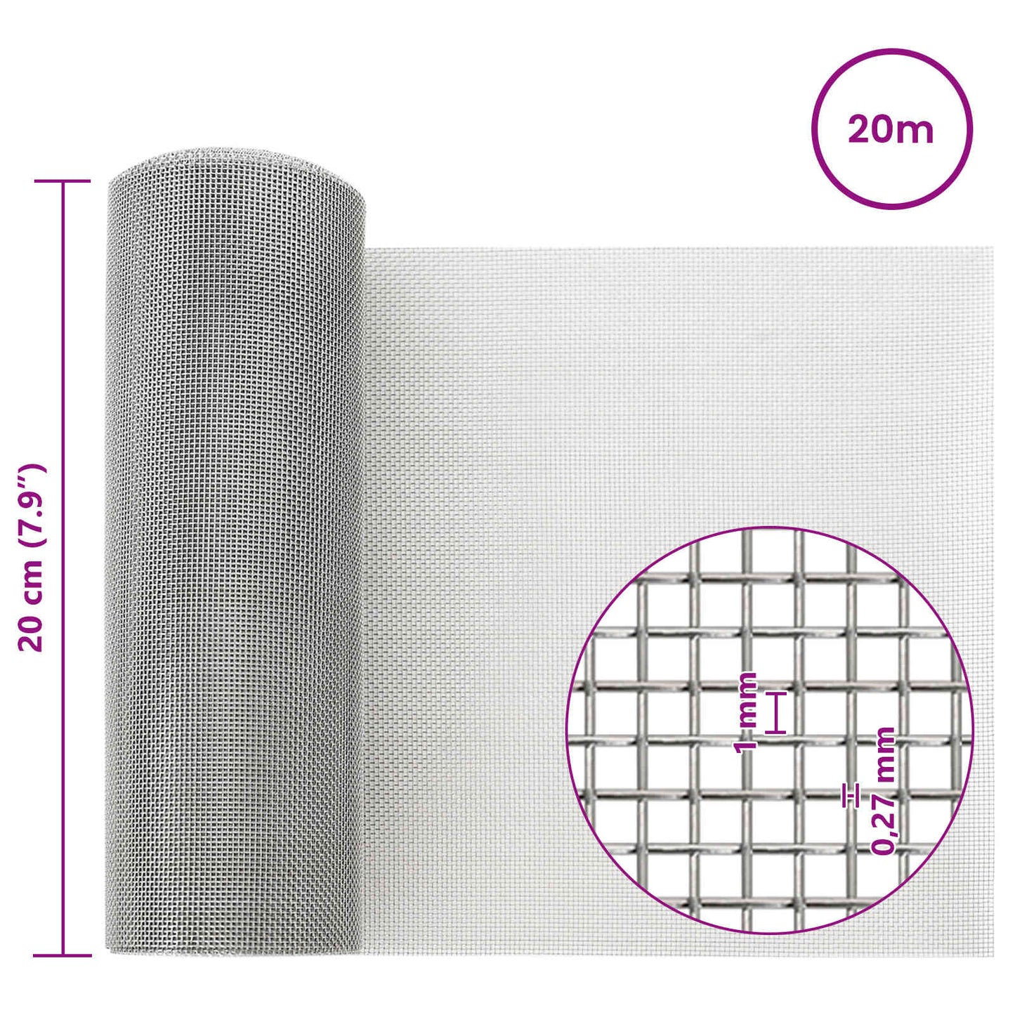 Maskeskjerm 20 x 2000 cm 20 Mesh Rustfritt stål 201 Sølv