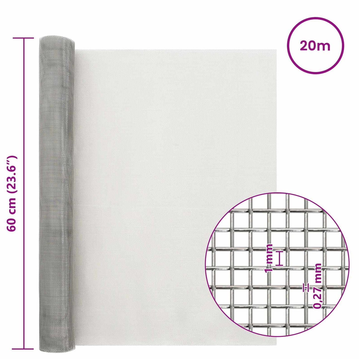 Maskeskjerm 60 x 2000 cm 20 Mesh Rustfritt stål 201 Sølv
