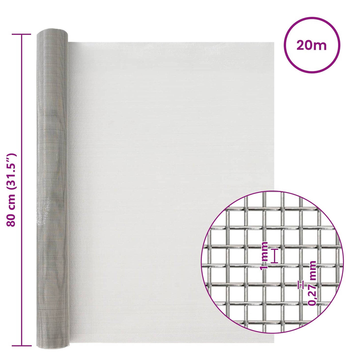 Maskeskjerm 80 x 2000 cm 20 Mesh Rustfritt stål 201 Sølv