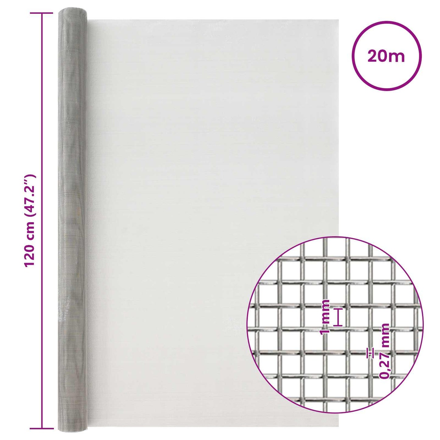 Maskeskjerm 120 x 2000 cm 20 Mesh Rustfritt stål 201 Sølv
