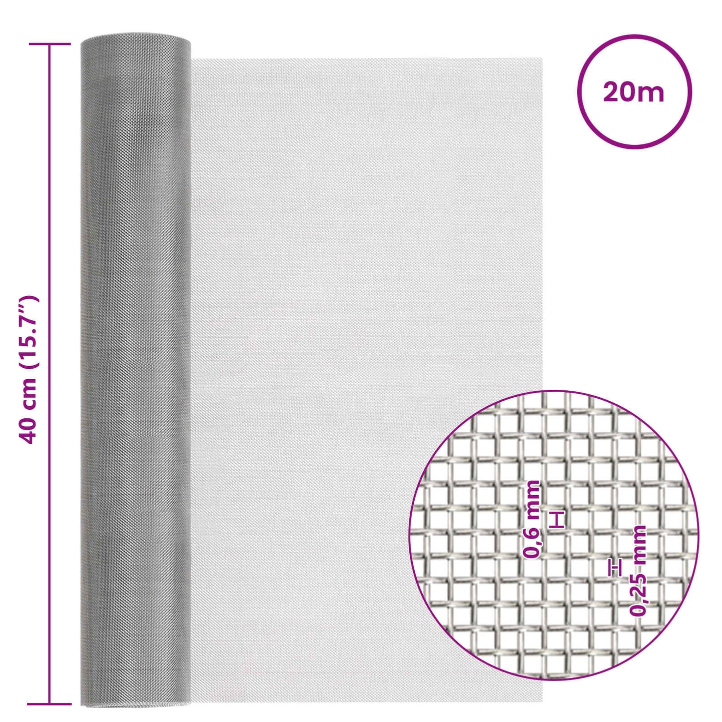 Maskeskjerm 40 x 2000 cm 30 Mesh Rustfritt stål 201 Sølv