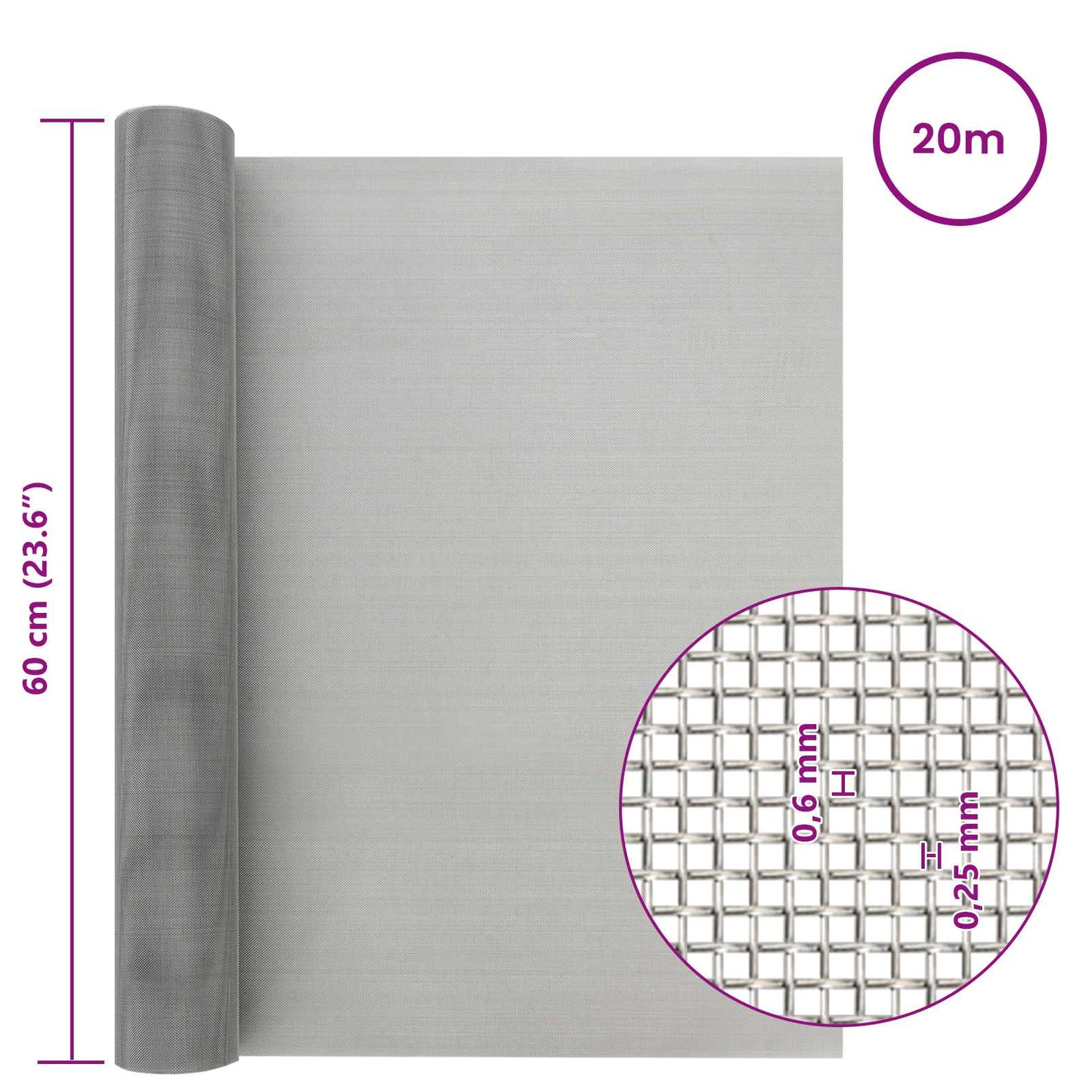 Maskeskjerm 60 x 2000 cm 30 Mesh Rustfritt stål 201 Sølv