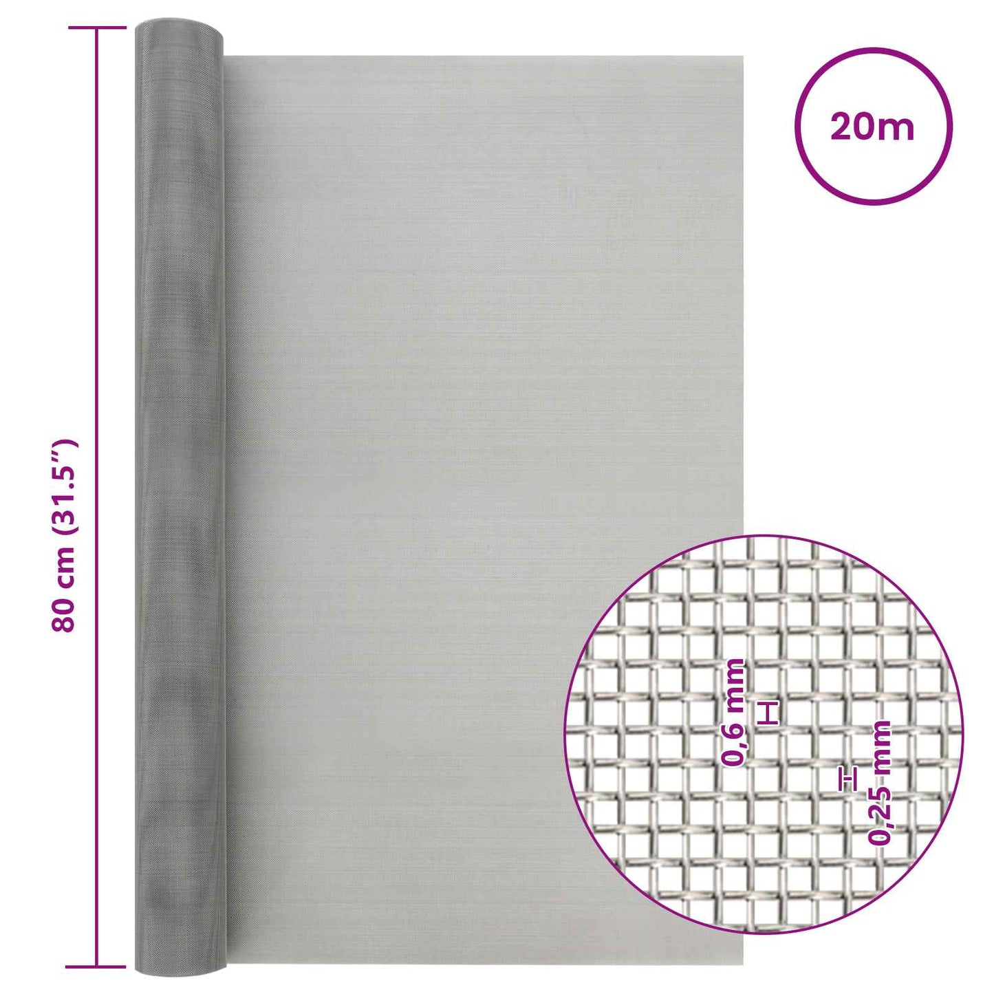 Maskeskjerm 80 x 2000 cm 30 Mesh Rustfritt stål 201 Sølv