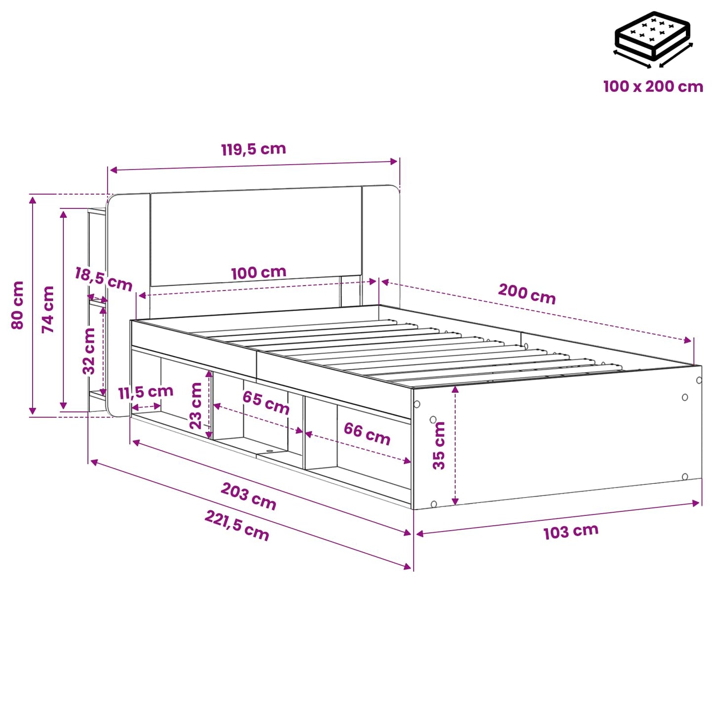 Sengeramme med oppbevaring Artisan eik 100 x 200 cm
