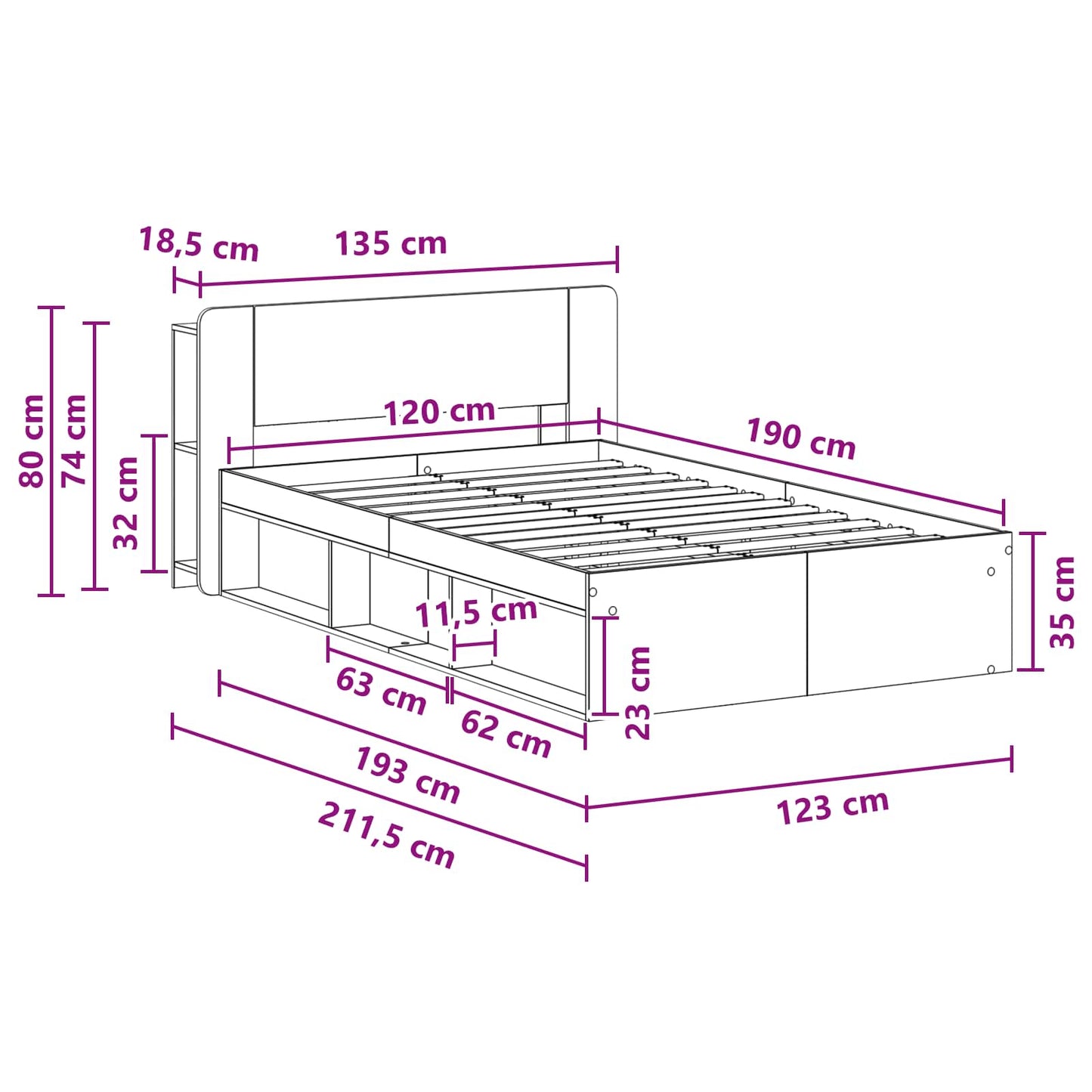 Sengeramme med oppbevaring Gammelt tre 120 x 190 cm