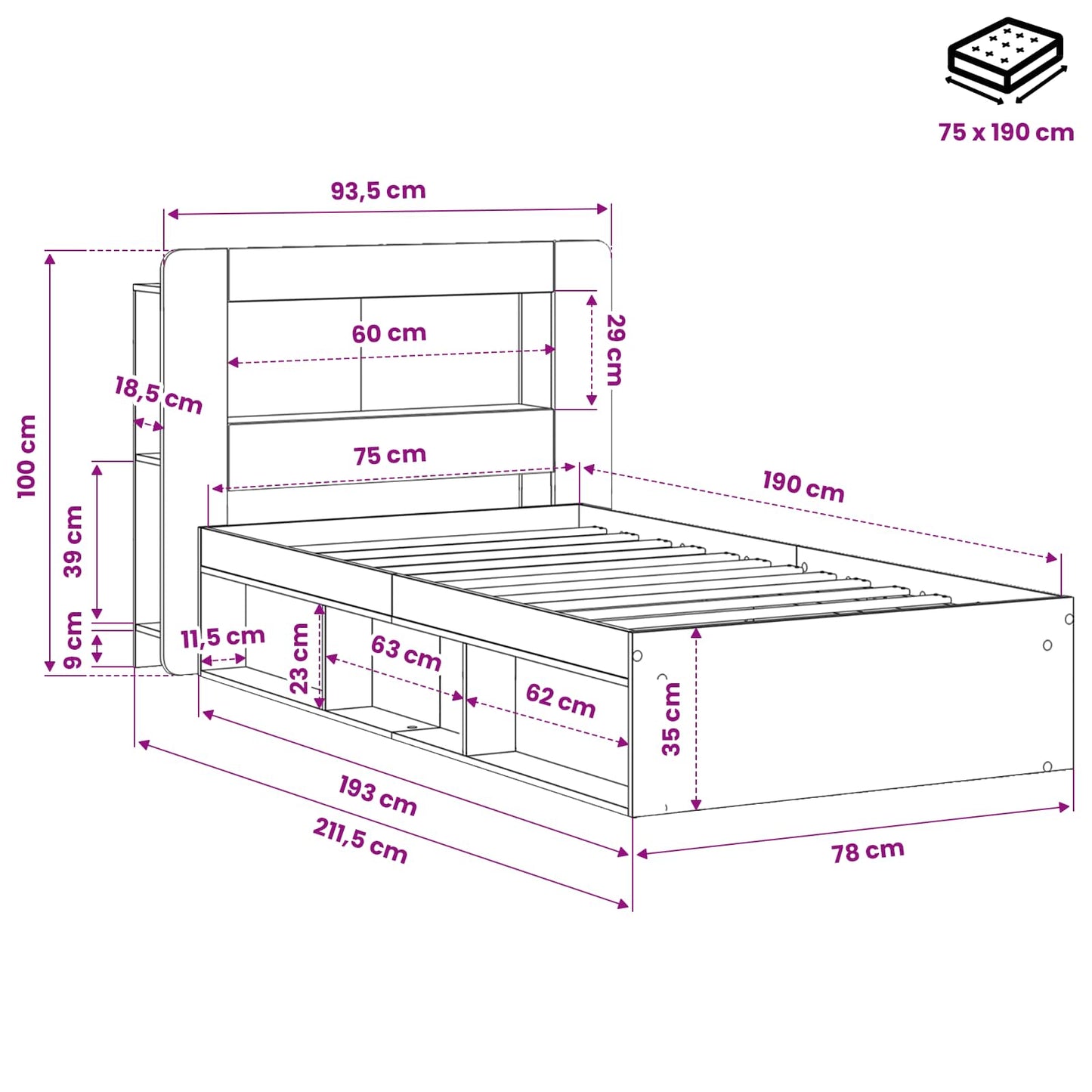 Sengeramme med oppbevaring Svart 75 x 190 cm Konstruert tre