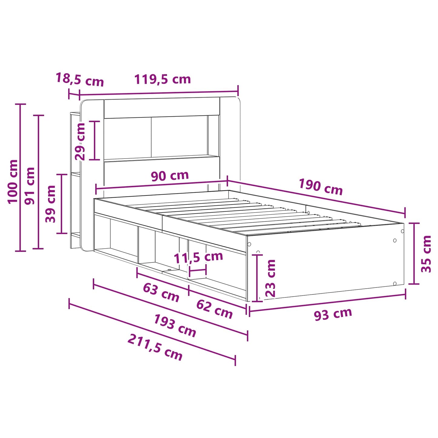 Sengeramme med oppbevaring Sonoma eik 90 x 190 cm