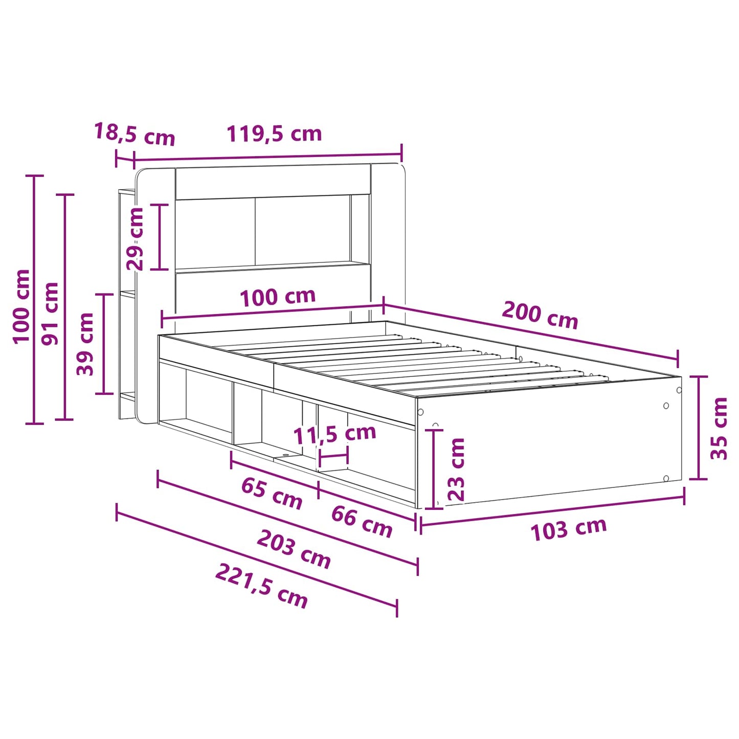 Sengeramme med oppbevaring Betonggrå 100 x 200 cm