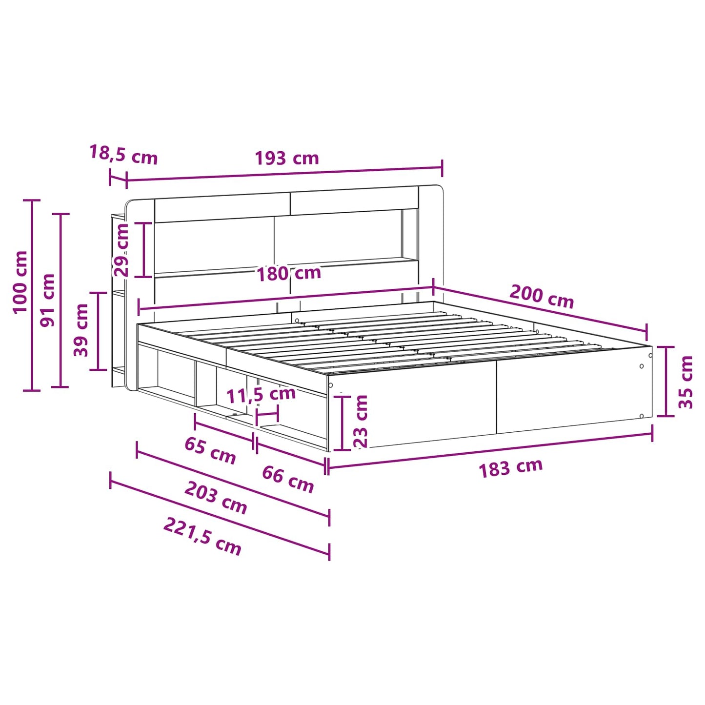 Sengeramme med oppbevaring Hvit 180 x 200 cm Konstruert tre