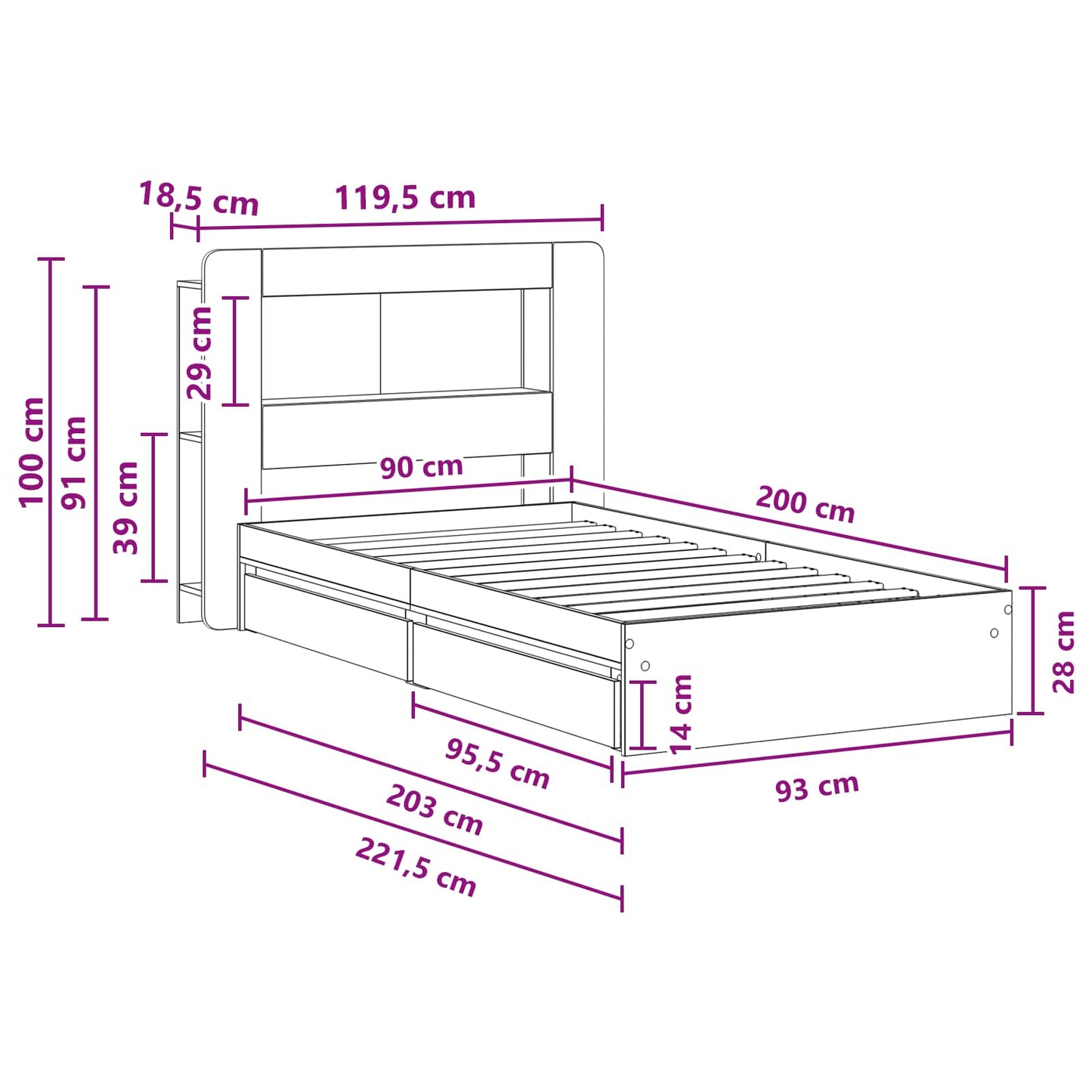 Sengeramme med oppbevaring Hvit 90 x 200 cm Konstruert tre
