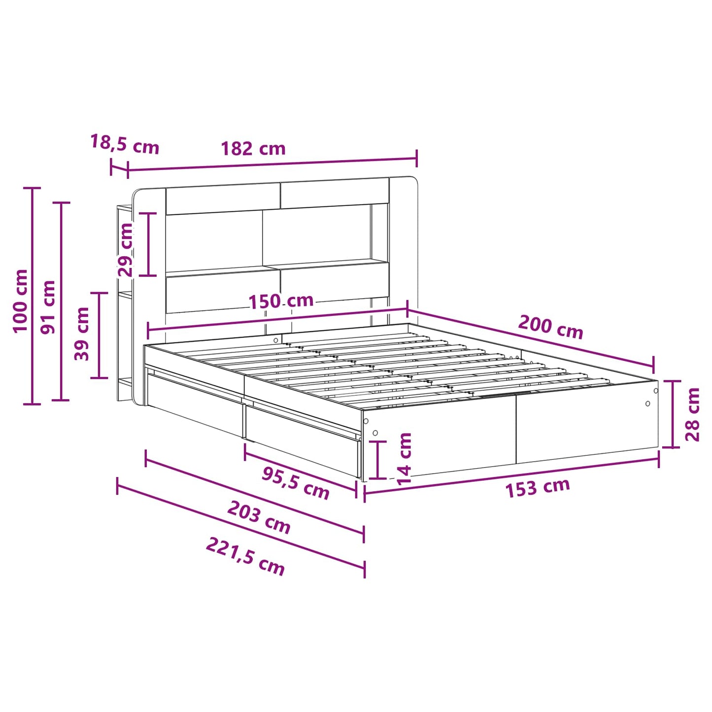 Sengeramme med oppbevaring med skuff Sonoma eik 150 x 200 cm
