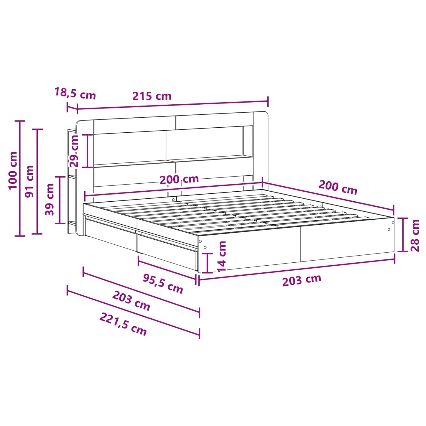 Sengeramme med oppbevaring Svart 200 x 200 cm Konstruert tre