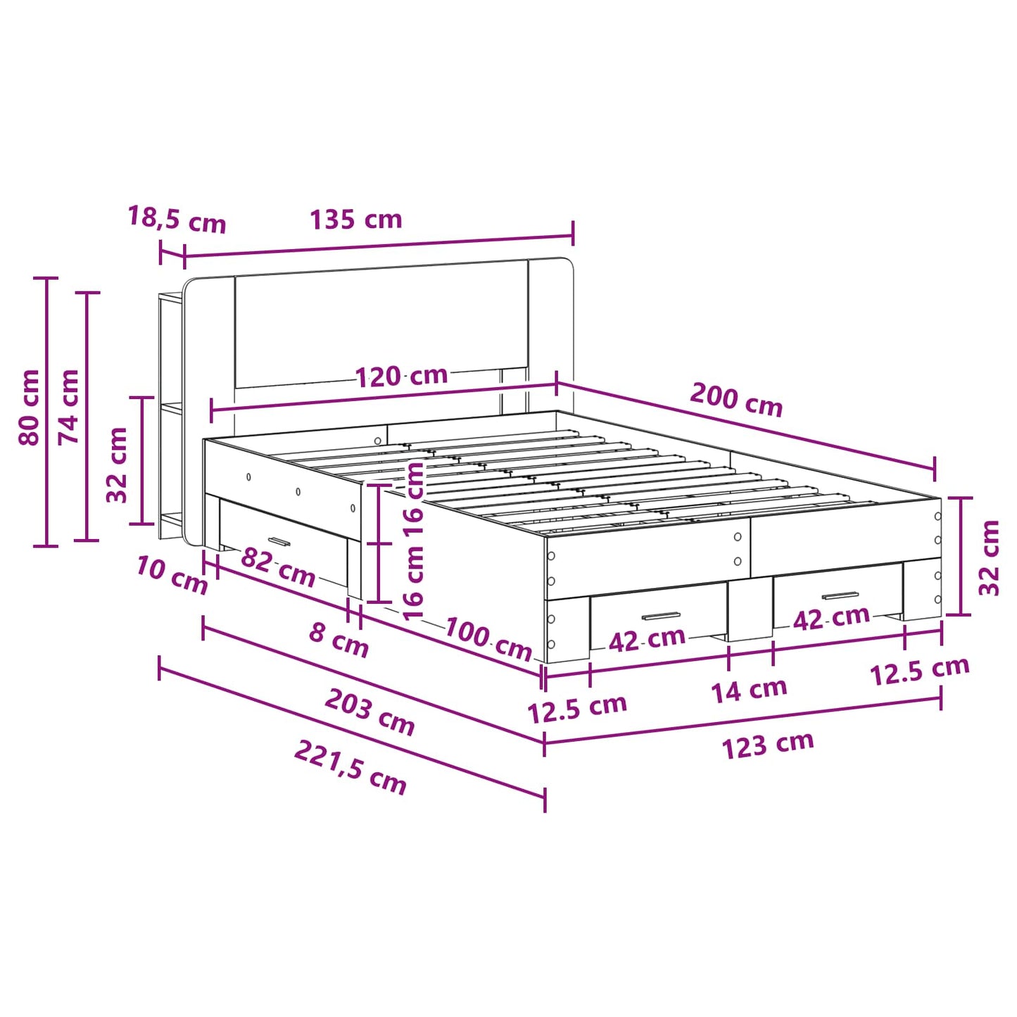 Sengeramme med oppbevaring Sonoma eik 120 x 200 cm