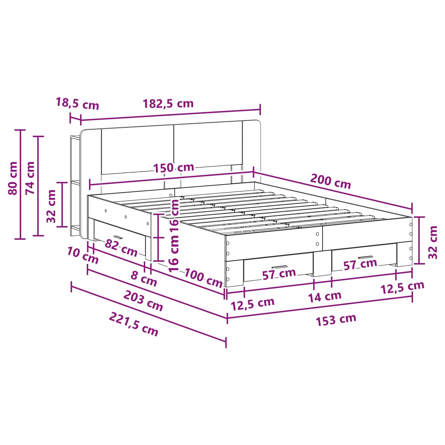 Sengeramme med oppbevaring Sonoma eik 150 x 200 cm