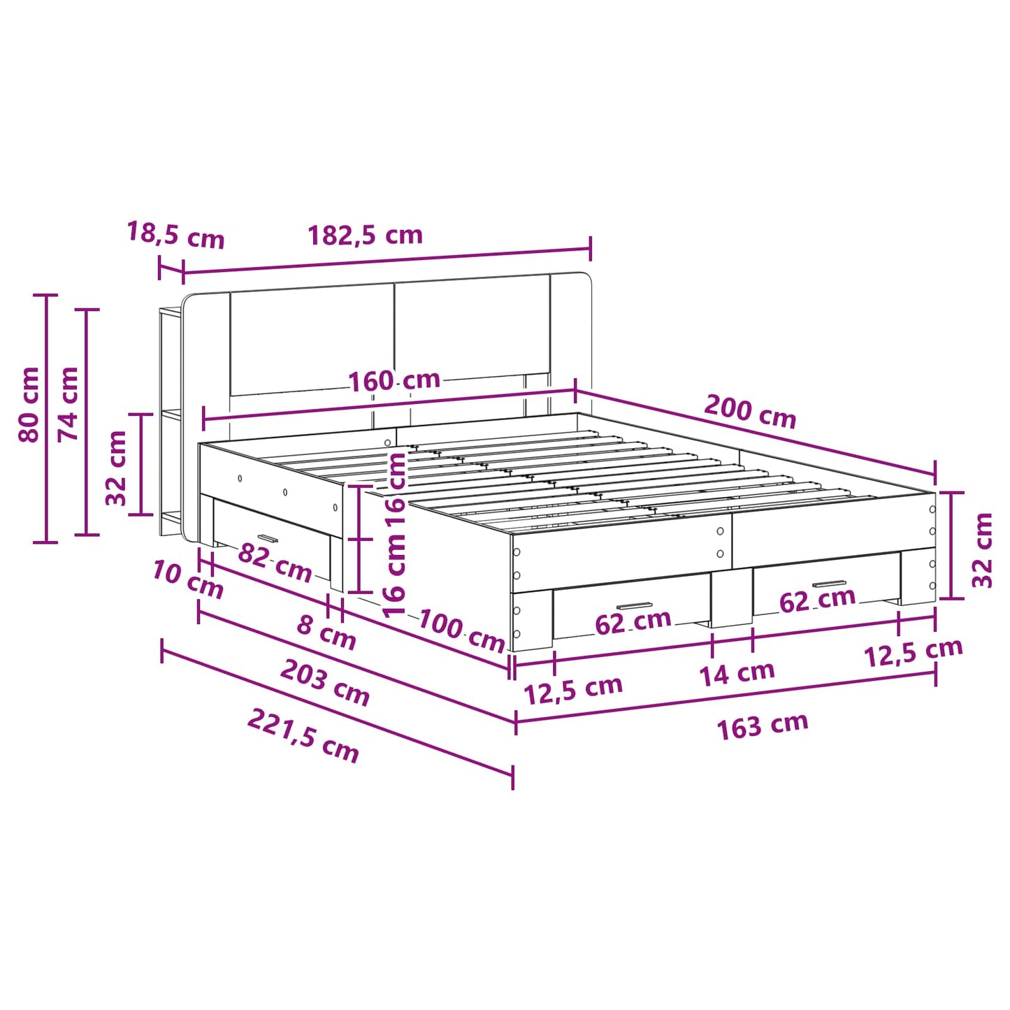 Sengeramme med oppbevaring Betonggrå 160 x 200 cm