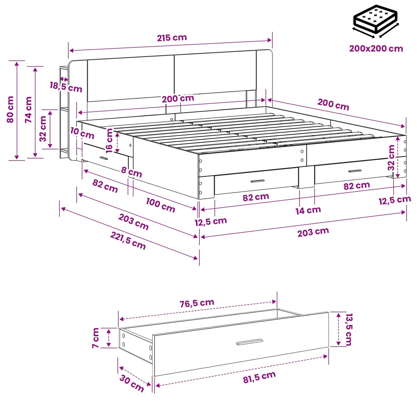 Sengeramme med oppbevaring Betonggrå 200 x 200 cm
