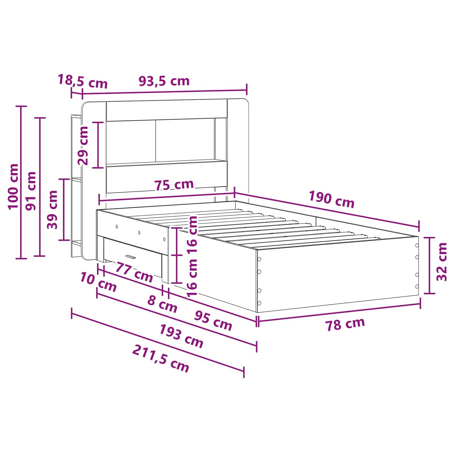 Sengeramme med oppbevaring Sonoma eik 75 x 190 cm