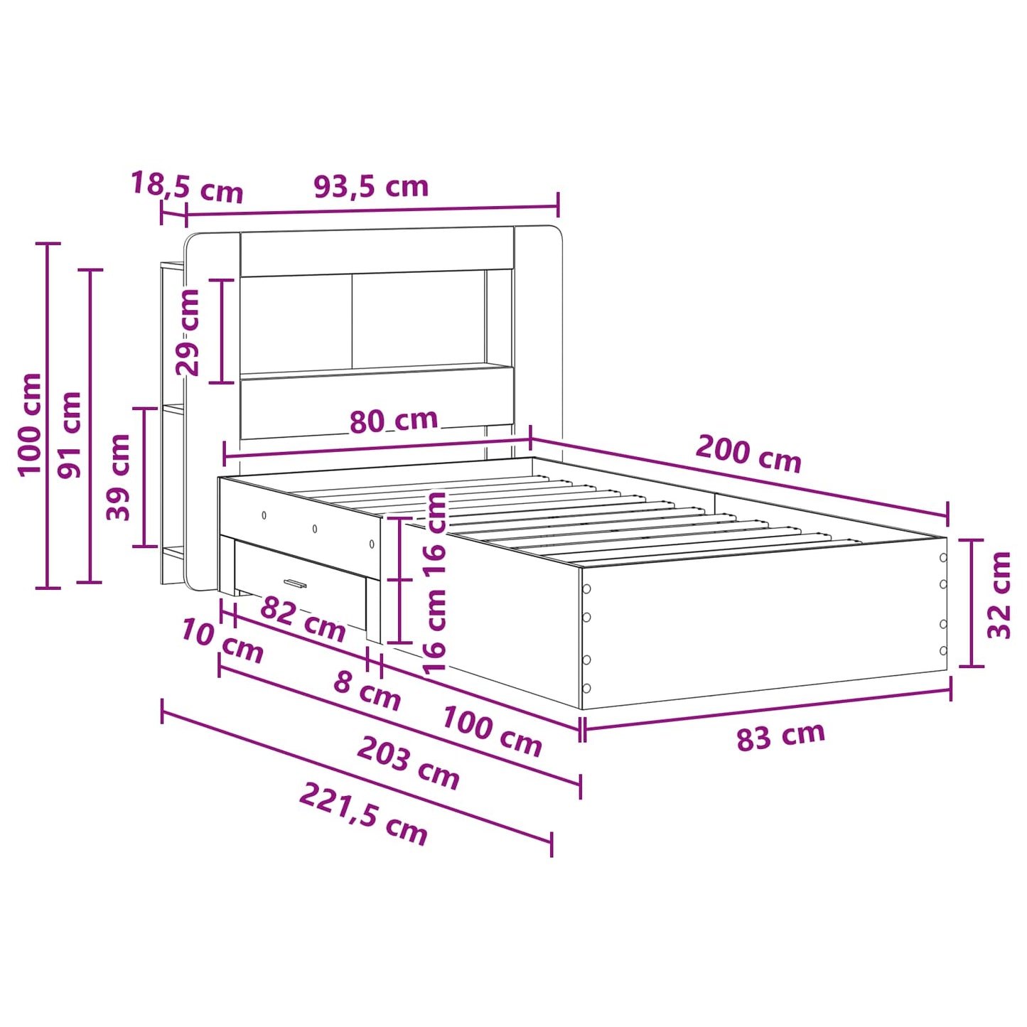 Sengeramme med oppbevaring Røkt Eik 80 x 200 cm Konstruert tre