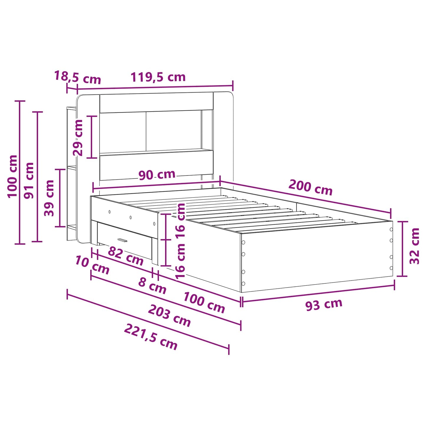 Sengeramme med oppbevaring Artisan eik 90 x 200 cm