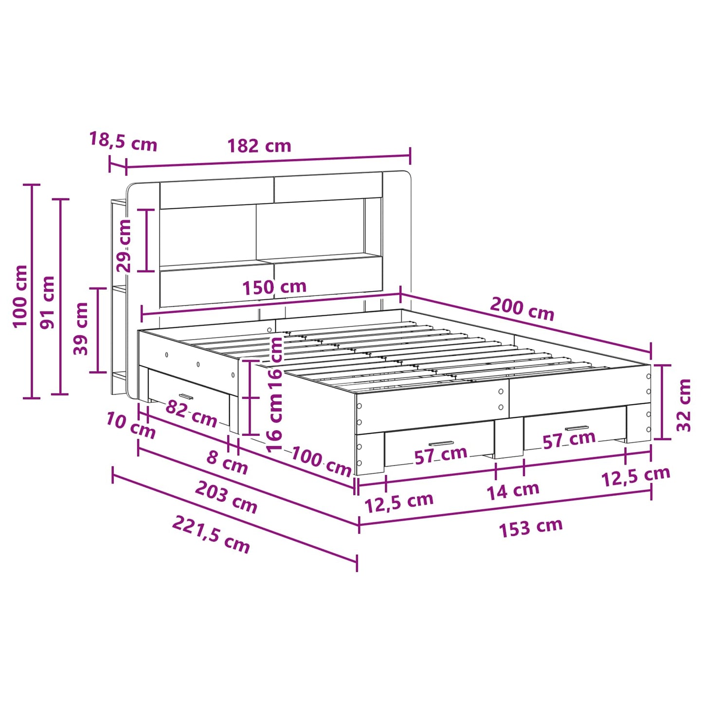Sengeramme med oppbevaring Betonggrå 150 x 200 cm