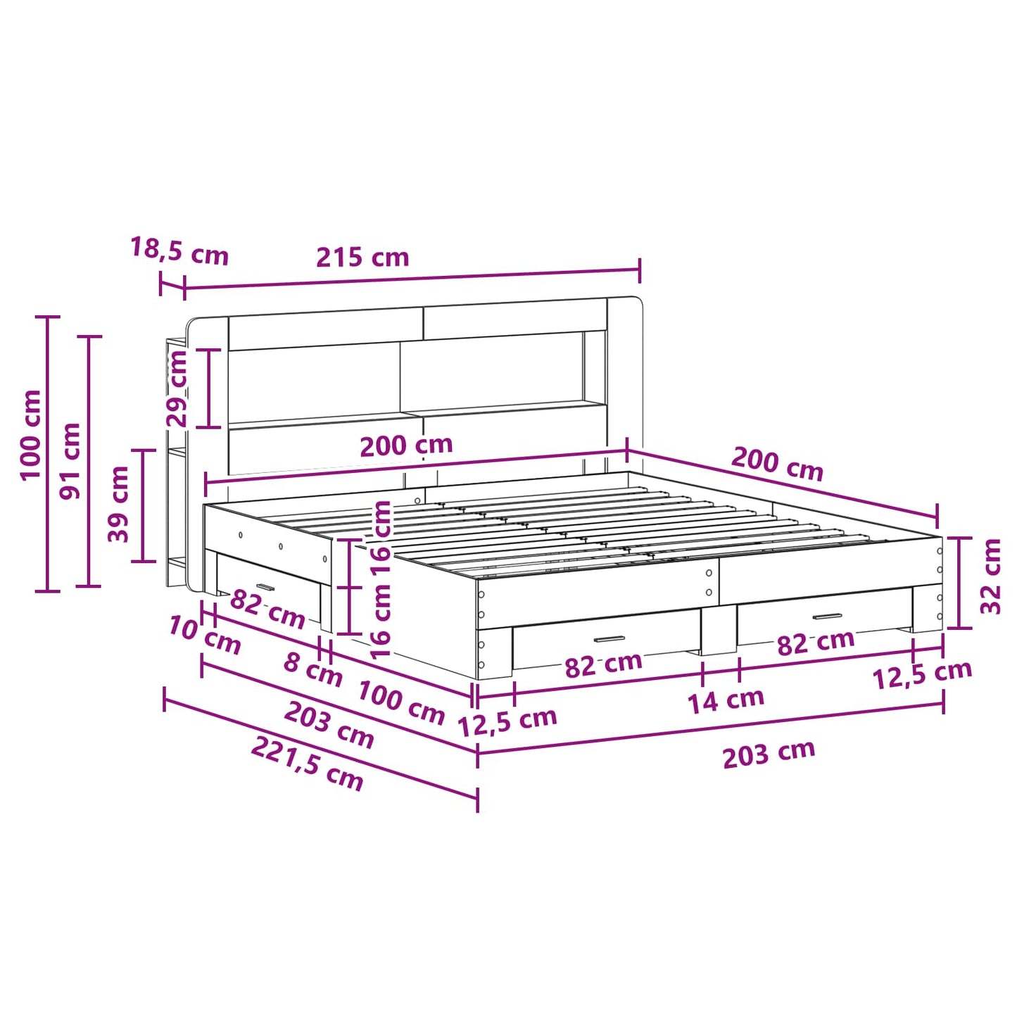 Sengeramme med oppbevaring Grå Sonoma 200 x 200 cm