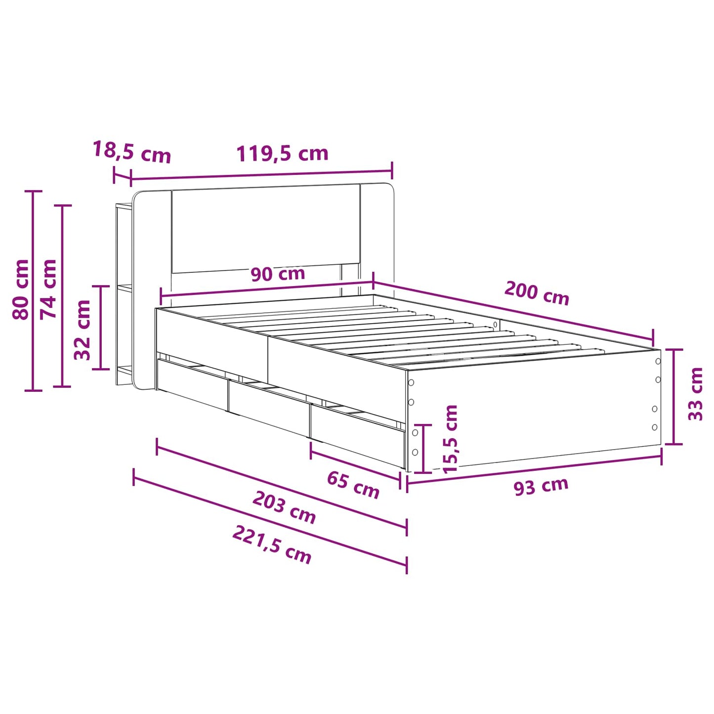 Sengeramme med oppbevaring Røkt Eik 90 x 200 cm Konstruert tre
