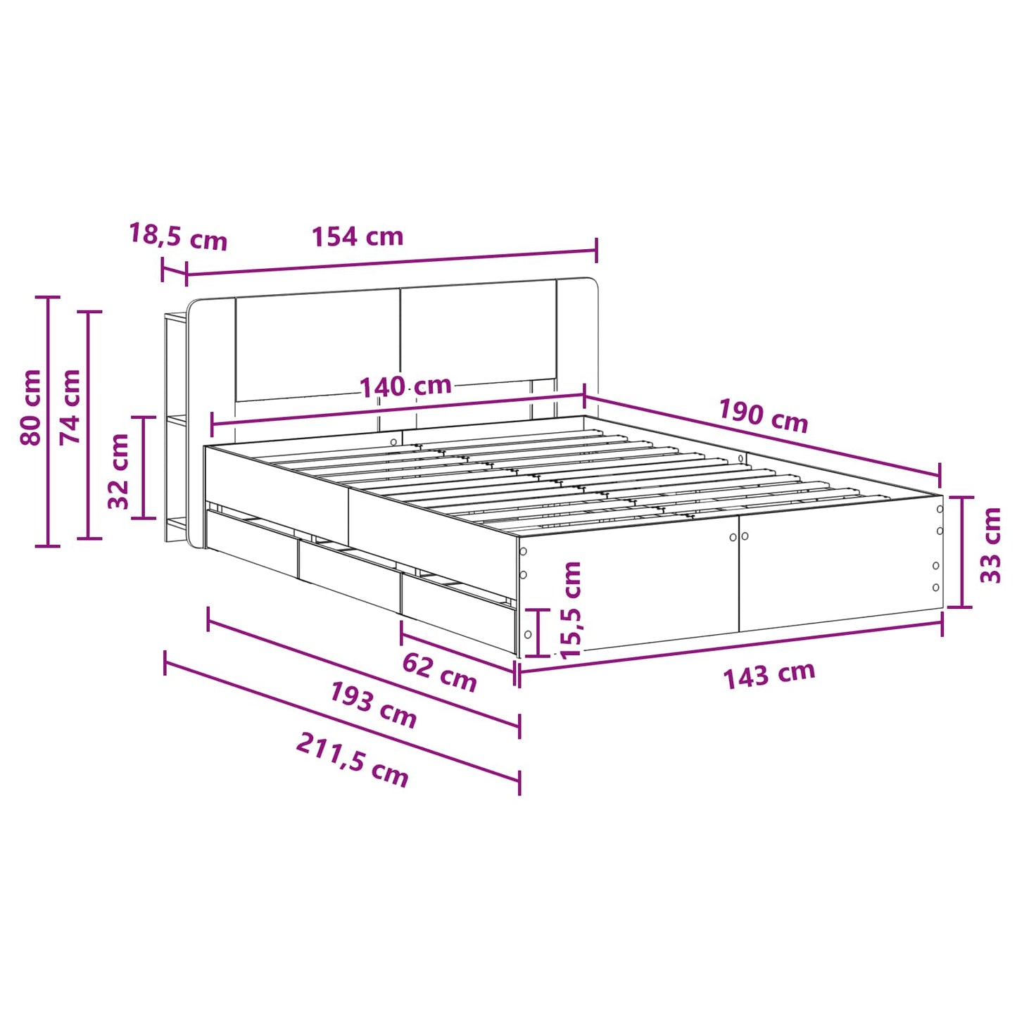 Sengeramme med oppbevaring Røkt Eik 135 x 190 cm Konstruert tre