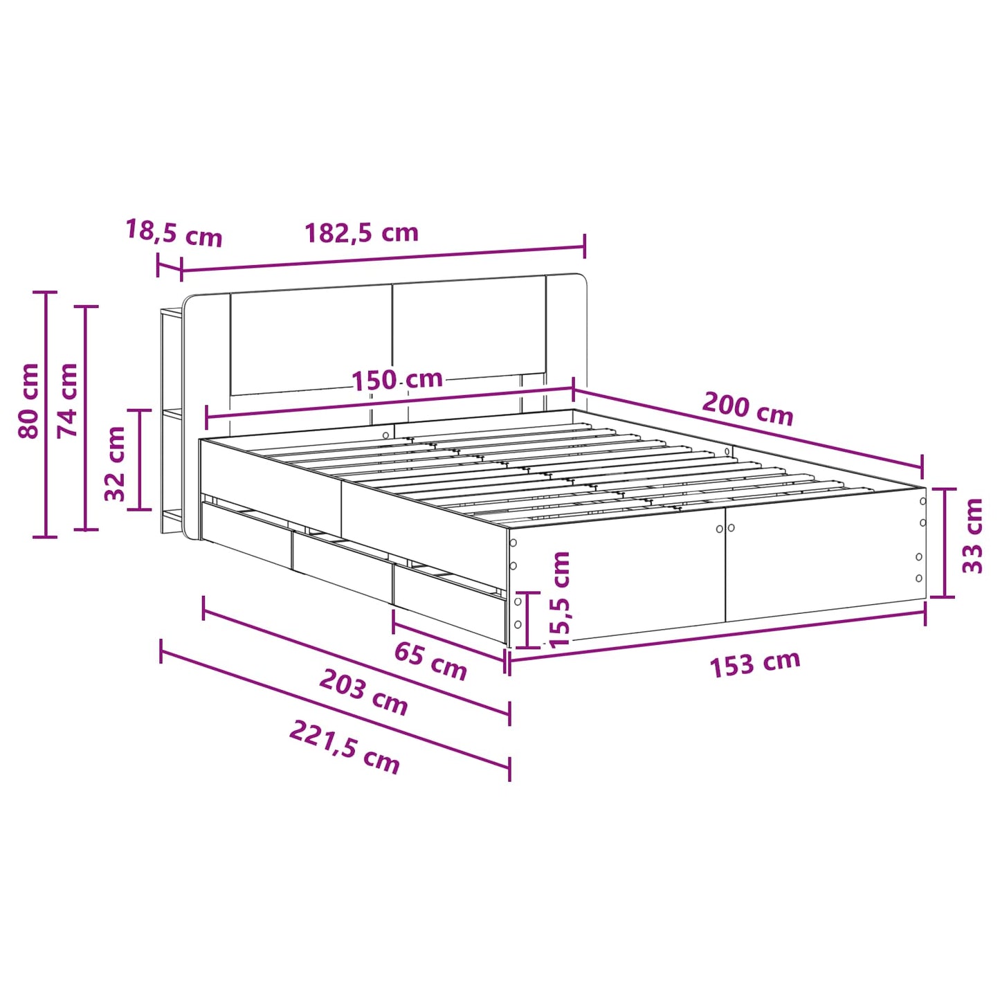 Sengeramme med oppbevaring Hvit 150 x 200 cm Konstruert tre