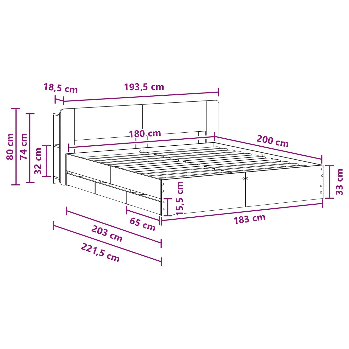 Sengeramme med oppbevaring Svart 180 x 200 cm Konstruert tre