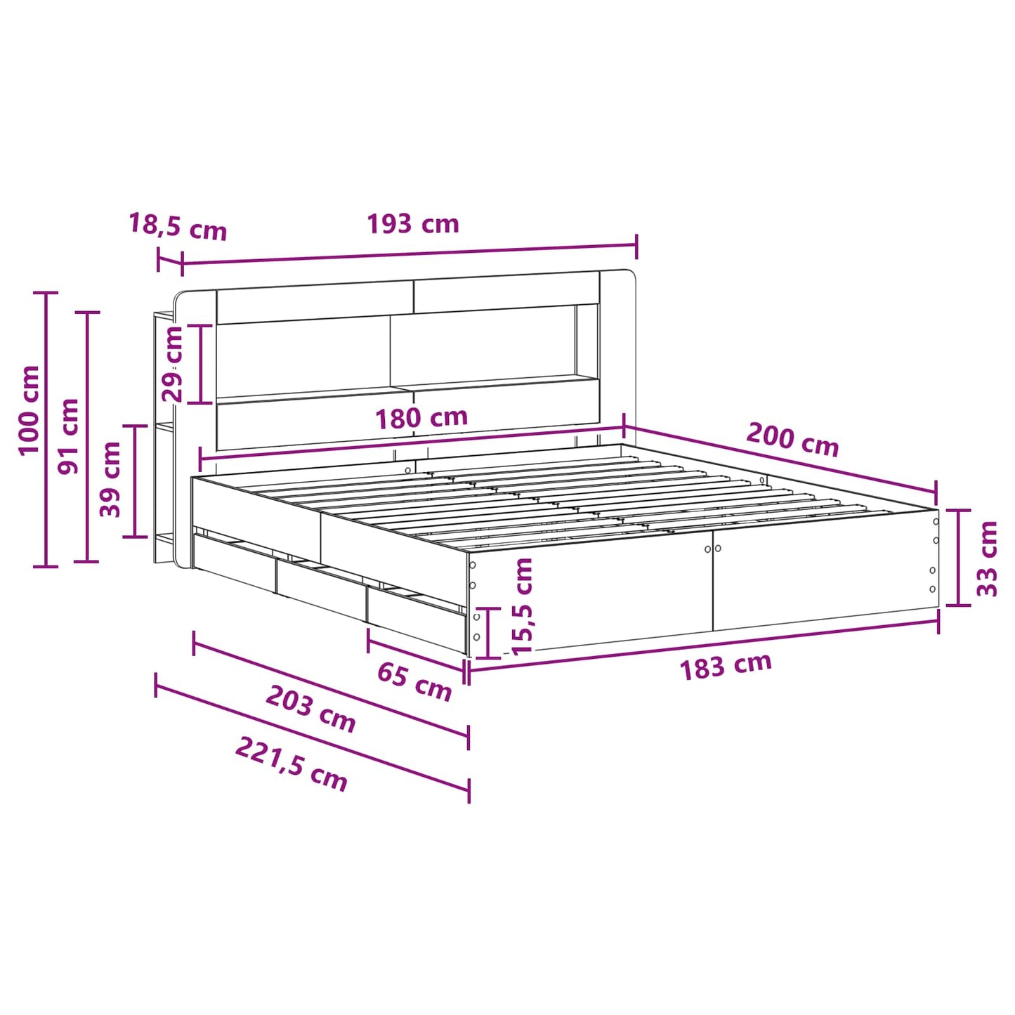 Sengeramme med oppbevaring Svart 180 x 200 cm Konstruert tre
