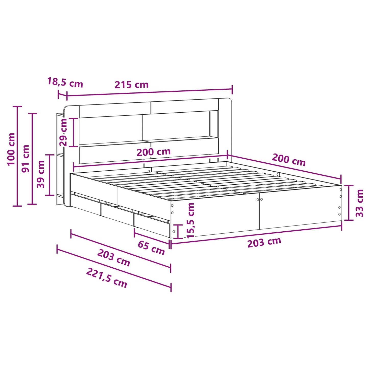 Sengramme med oppbevaring og hodegavl Grå Sonoma 200 x 200 cm
