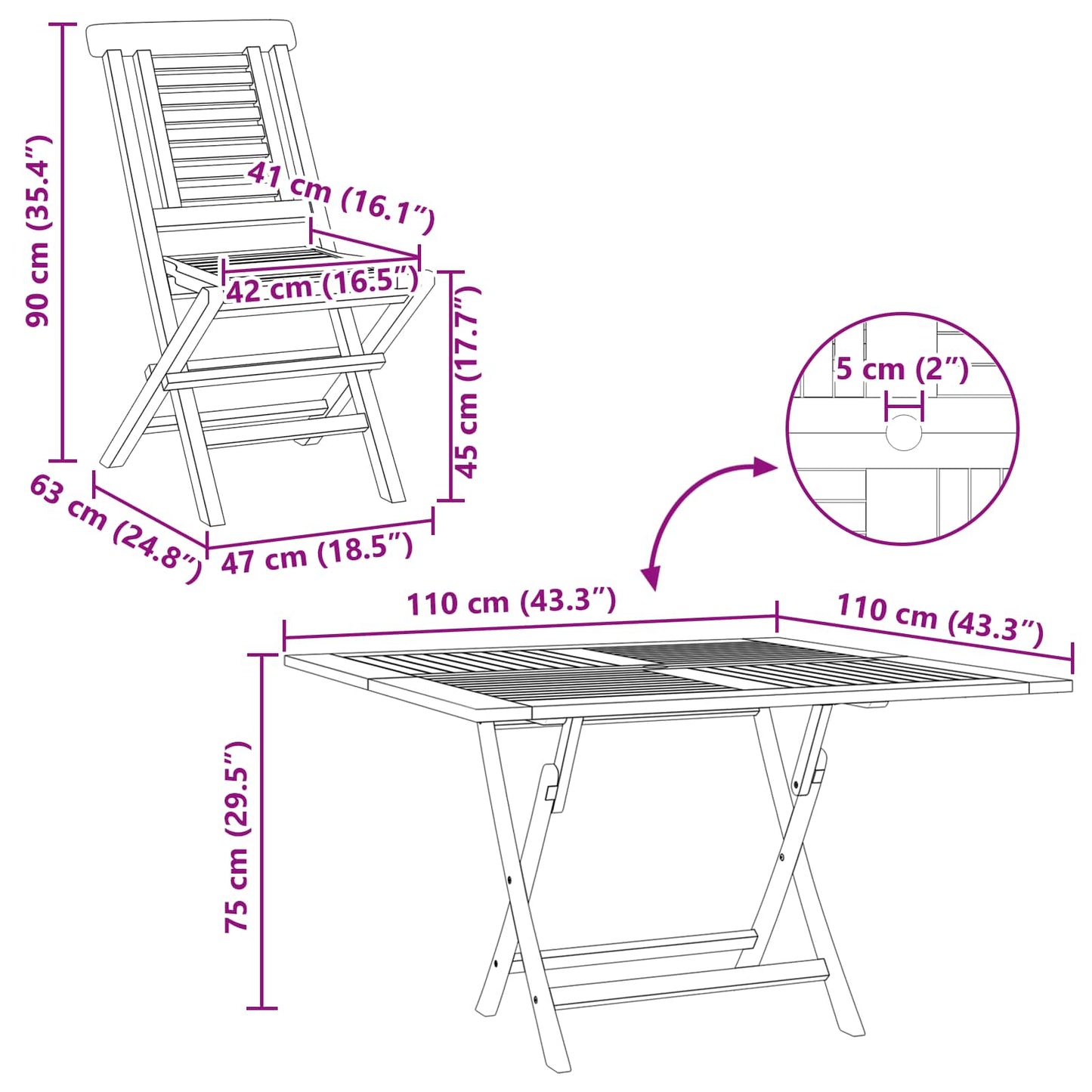 Hagesett 5 stk. Brun Massivt Teaktre