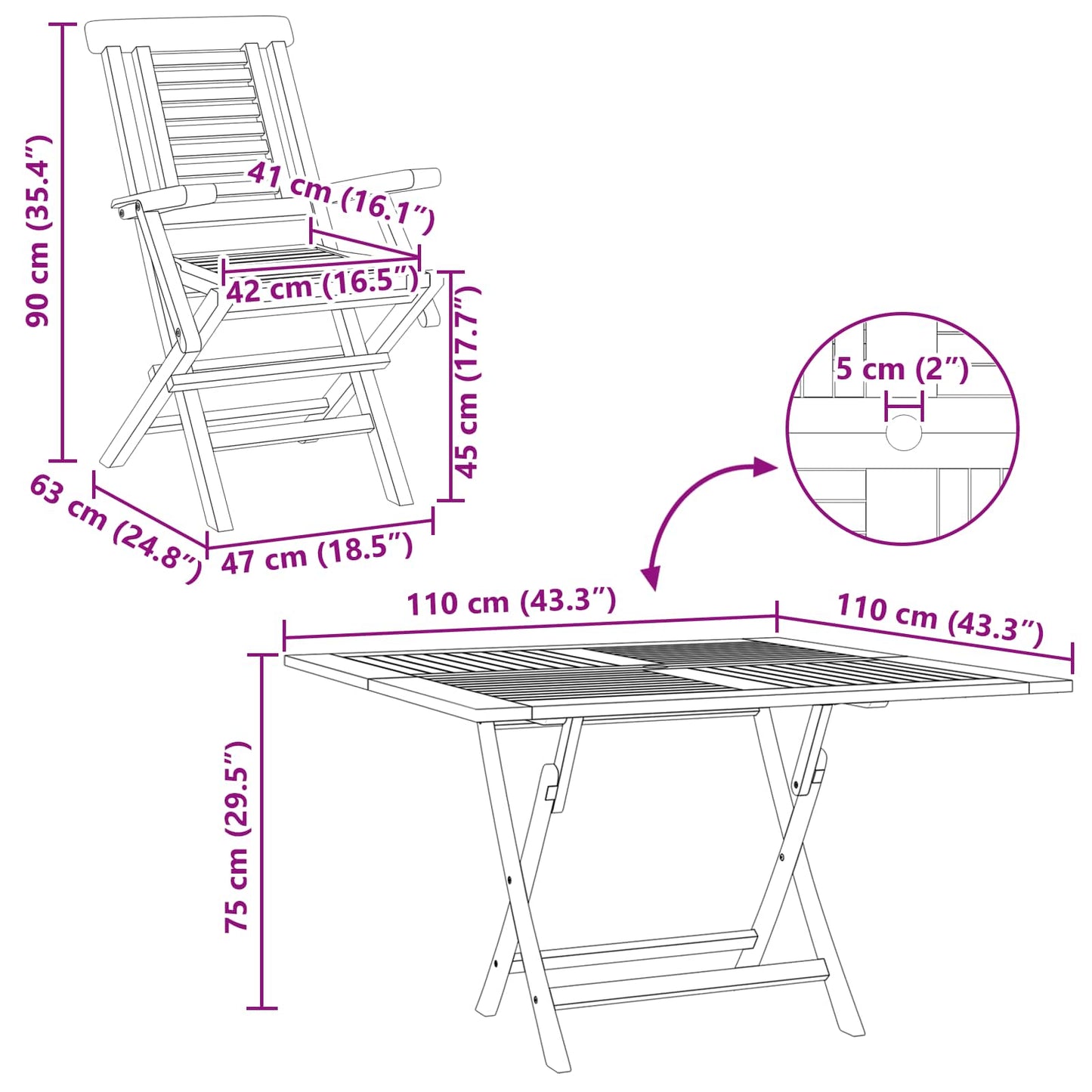 Hagesett 5 stk. Brun Massivt Teaktre