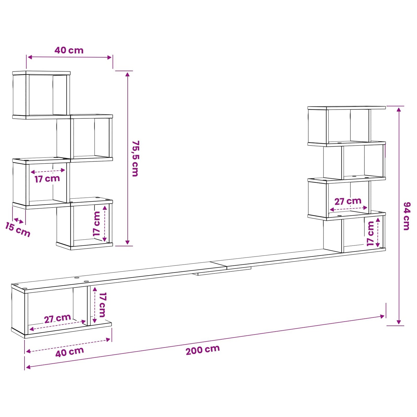 Vegghengt TV-hylle Gammelt tre 200 x 15 x 94 cm Konstruert tre