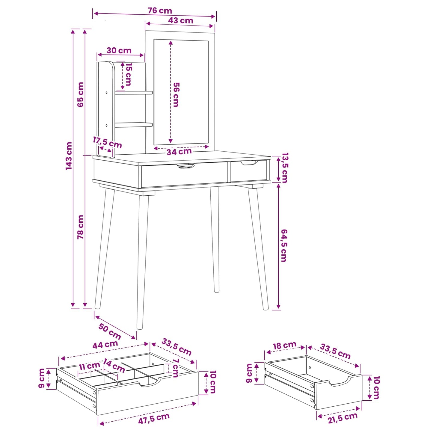 Sminkebordsett FAUSKE 3 pcs Hvit 76 x 50 x 143 cm