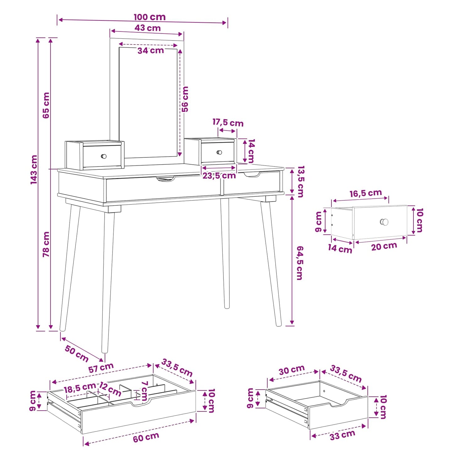 Sminkebordsett FAUSKE 4 pcs Hvit 100 x 50 x 143 cm