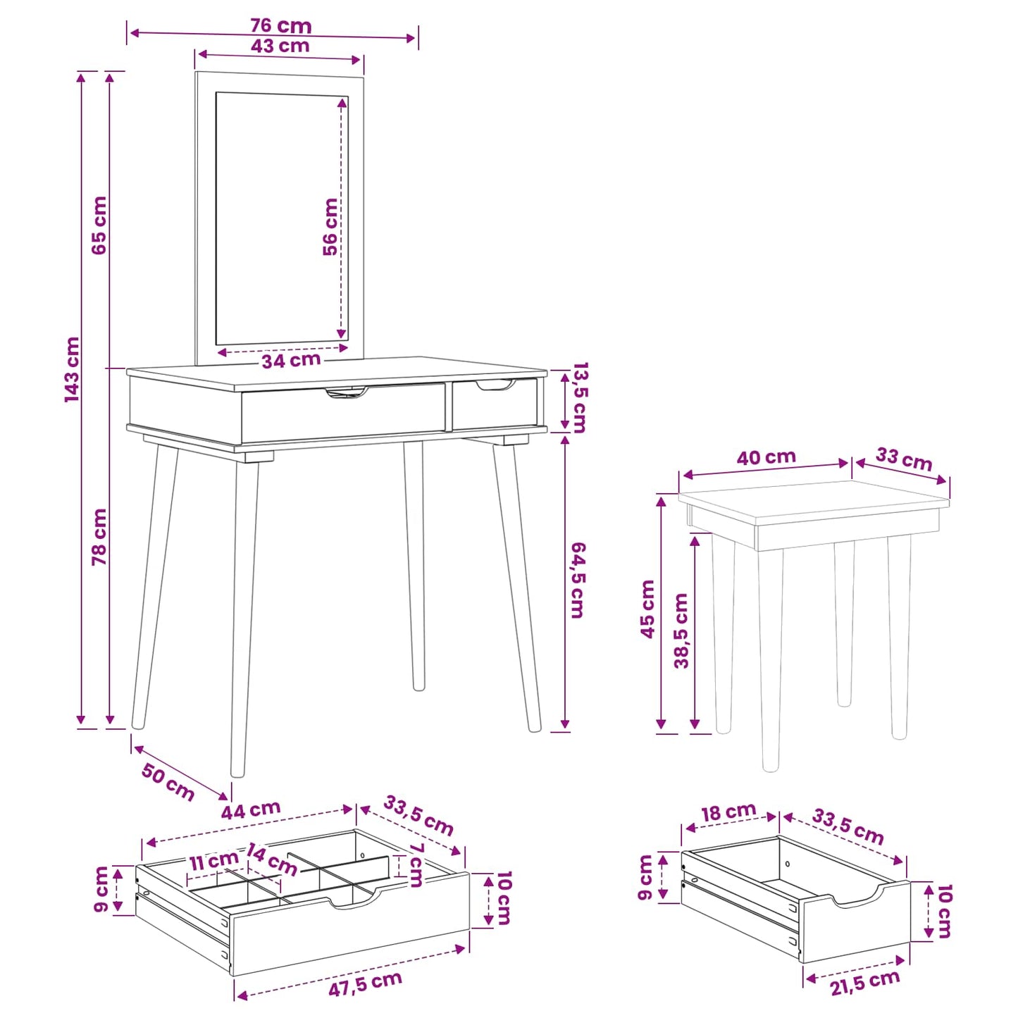 Sminkebordsett FAUSKE 3 pcs Hvit 76 x 50 x 143 cm