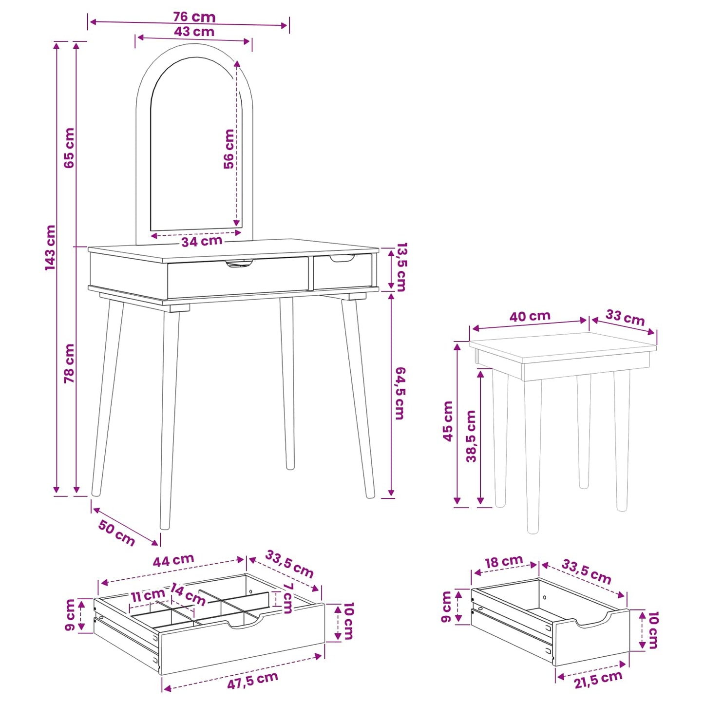 Sminkebordsett FAUSKE 3 pcs Hvit 76 x 50 x 143 cm