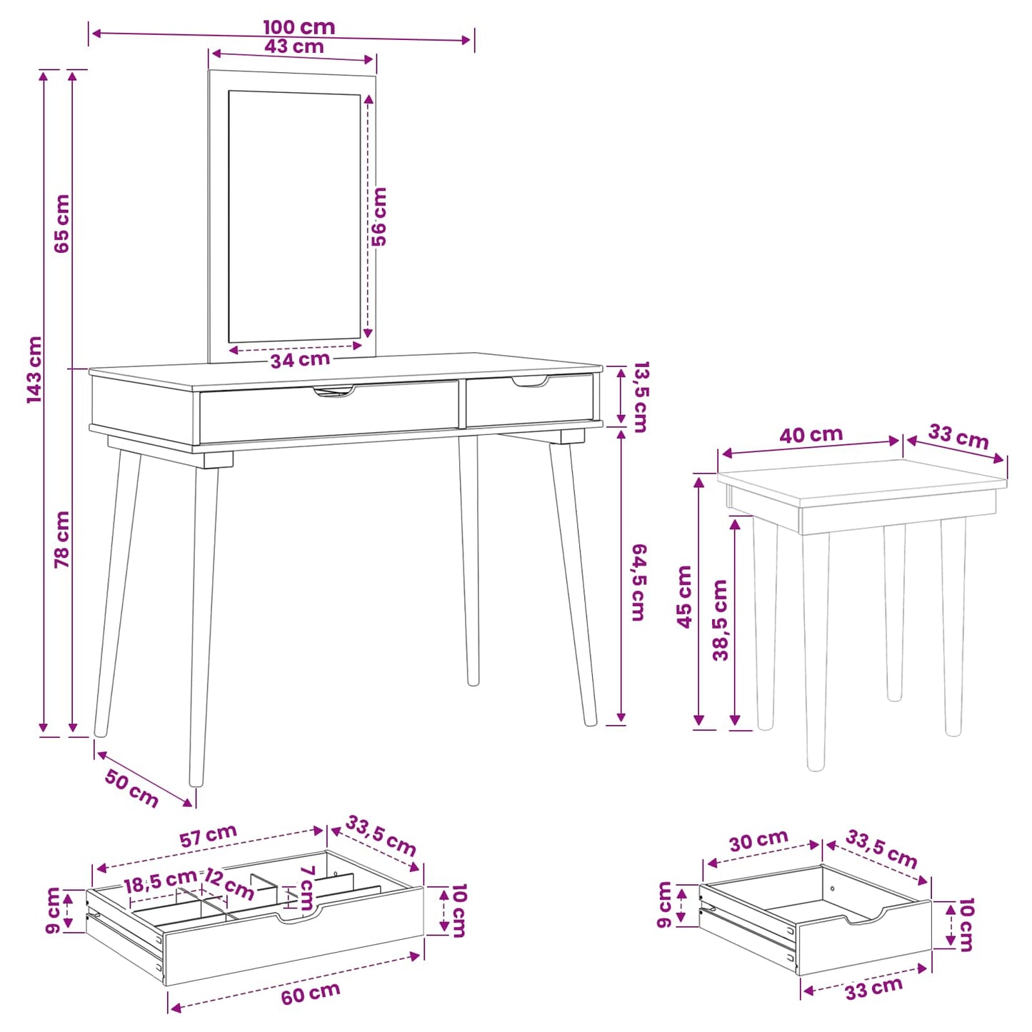 Sminkebordsett FAUSKE 3 pcs Hvit 100 x 50 x 143 cm